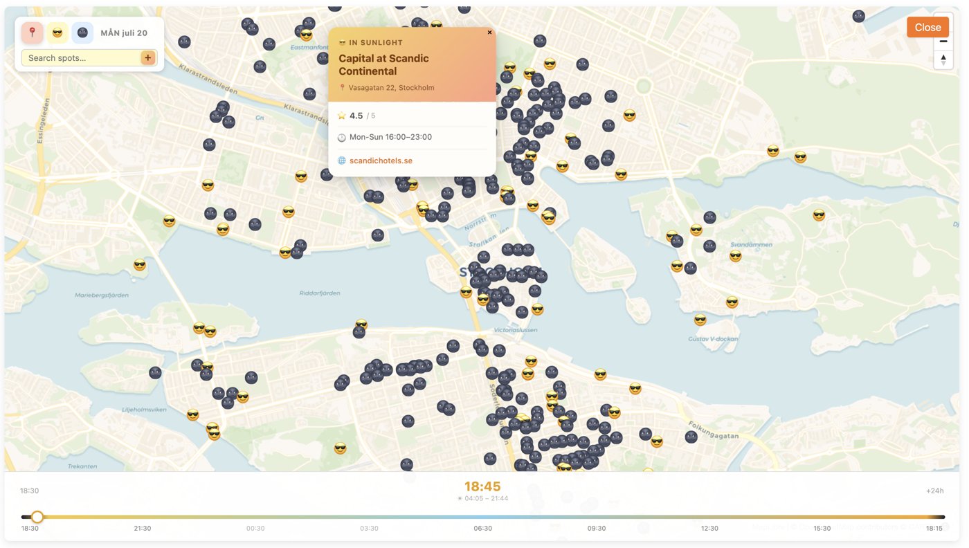 Olisol — a map of Stockholm showing sunny and shaded spots with a time slider